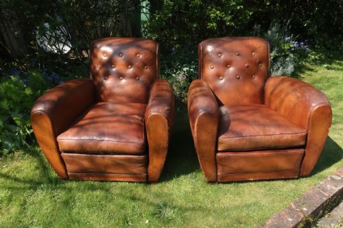 Large Pair of French Leather Club Chairs
