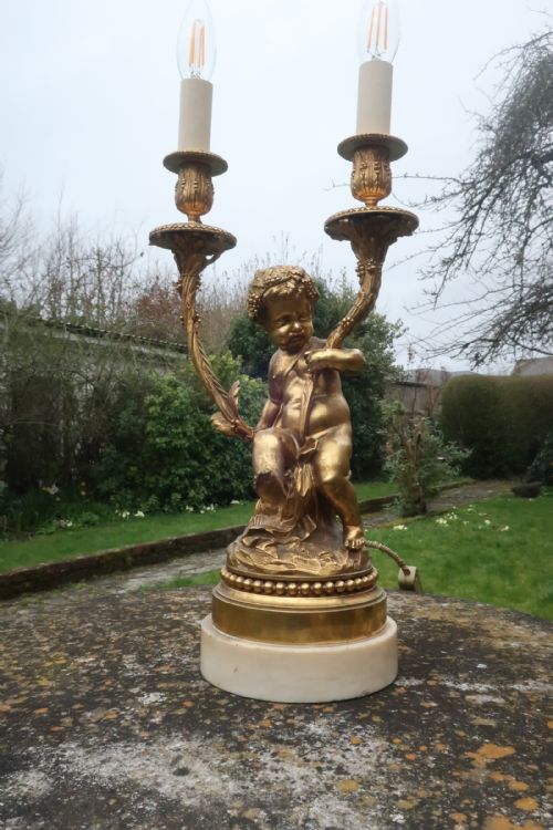 Large Gilt Bronze Cherub Lamp
