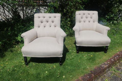 Pair of Scroll Back Buttoned Armchairs