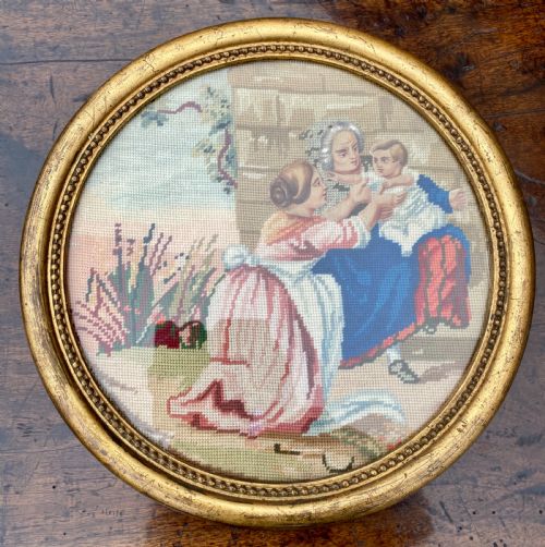 Pair of Circular Needlepoint Pictures in Gilt Frames