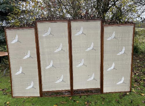 19th C French Mahogany 4 Fold Oriental Style Screen