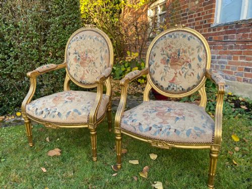 Pair of Gilt Armchairs with Aubusson Tapestry