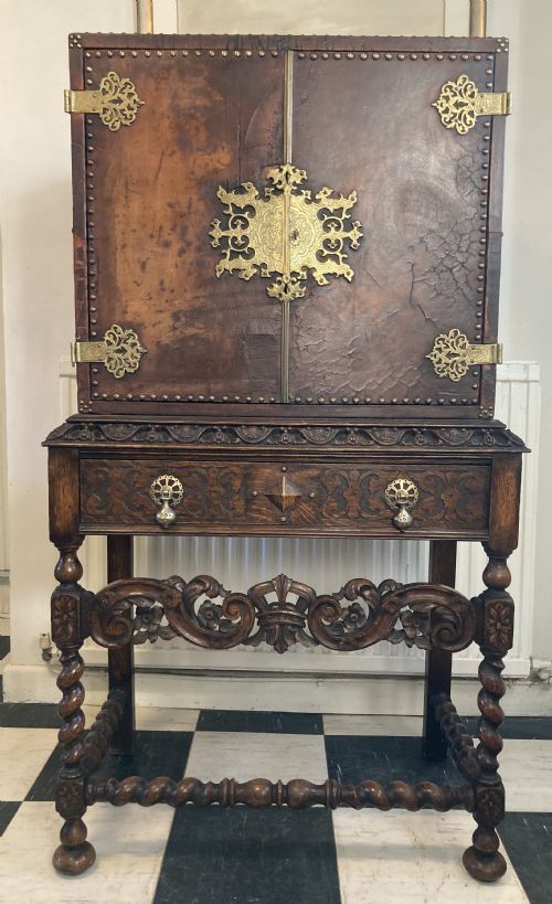 Jacobean Style Oak & Leather Cocktail Cabinet