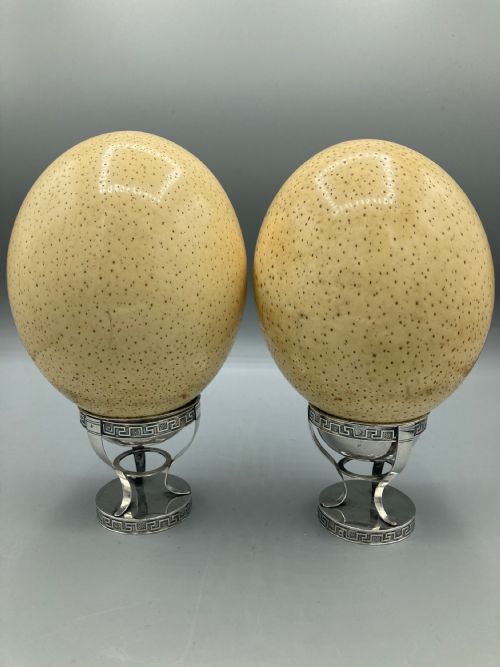 A Pair of Ostrich Eggs on Italian Silver Stands