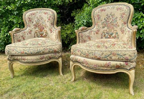 Pair of French Painted Needlepoint Bergere Armchairs