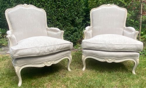Pair of Large Painted Bergere Armchairs in Grey Linen
