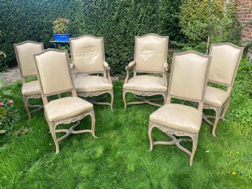 Set of Six Cream Leather Dining Chairs