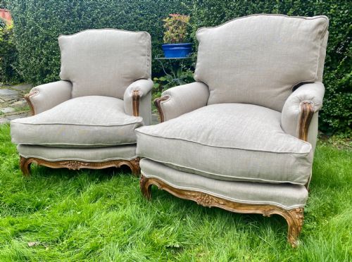 Pair of French Bergere Armchairs in Grey Linen
