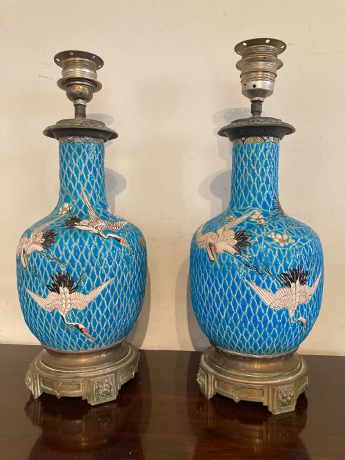 A Pair of Turquoise Lamps with Cranes & Blossom