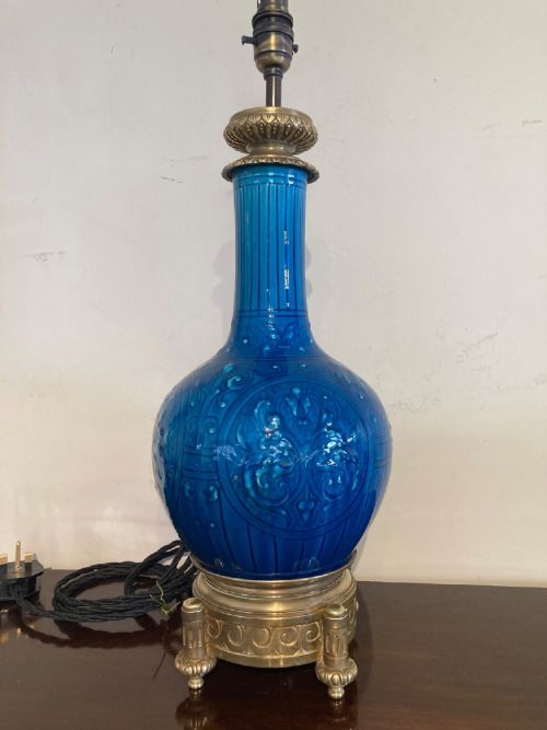 19th C Blue Ceramic Lamp Attributed to Theodore Deck