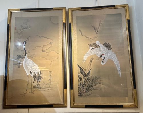 Pair of Paintings of Cranes on Silk, Meiji Period
