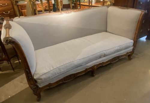 Large Carved Wood Sofa in Grey Linen