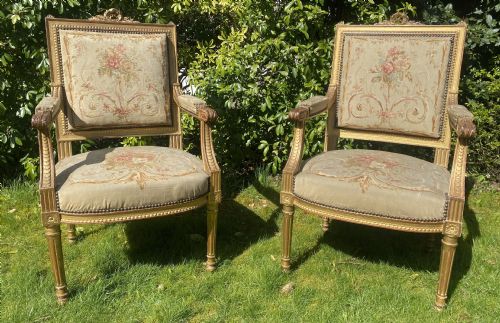 Quality Pair of Gilt, Needlepoint Armchairs