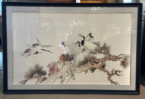 Large Silk Embroidery of Cranes