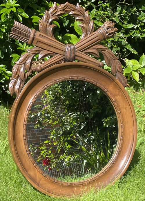 Round Walnut Mirror with Crest