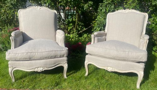 A Pair of Newly Upholstered French Bergere Armchairs in Grey Linen