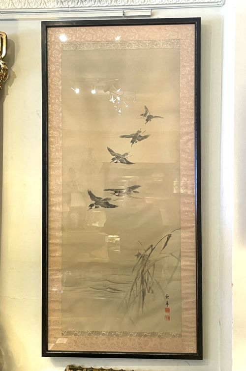 Chinese Hand Painted Scroll Birds / Bamboo