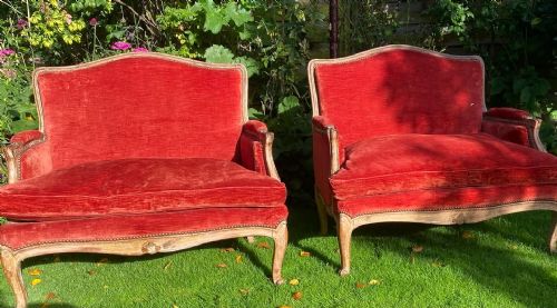 A Pair of Sofas in Old Rubbed Paint Finish with Red Velvet