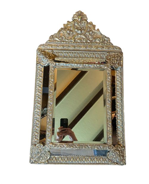 19th Century French Repousse Brass Cushion Mirror