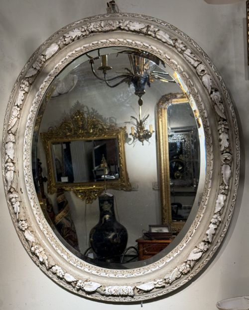 Carved Oak Oval Mirror, Later Painted in Grey and Cream Colours