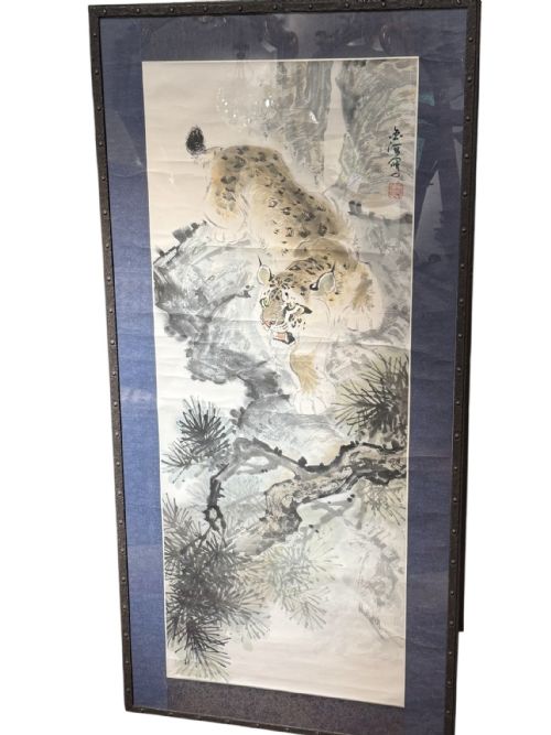 Early 20th C Framed Chinese Scroll of a Snow Leopard