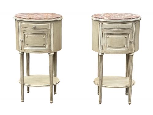A PAIR OF 19TH C FRENCH PAINTED BEDSIDE OR LAMP TABLES