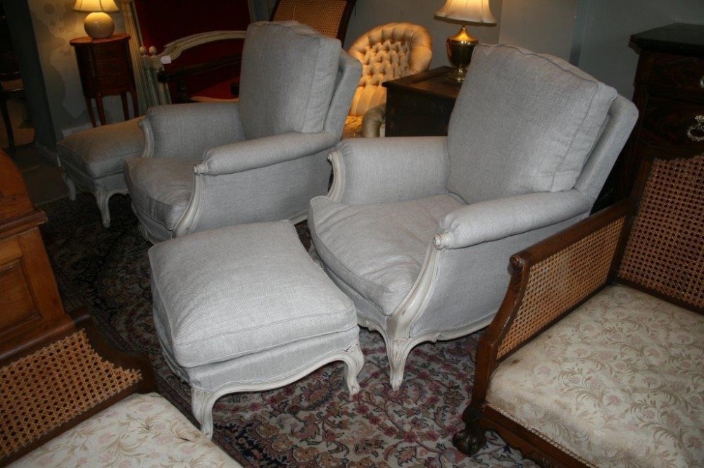 Pair large French armchairs with matching stools