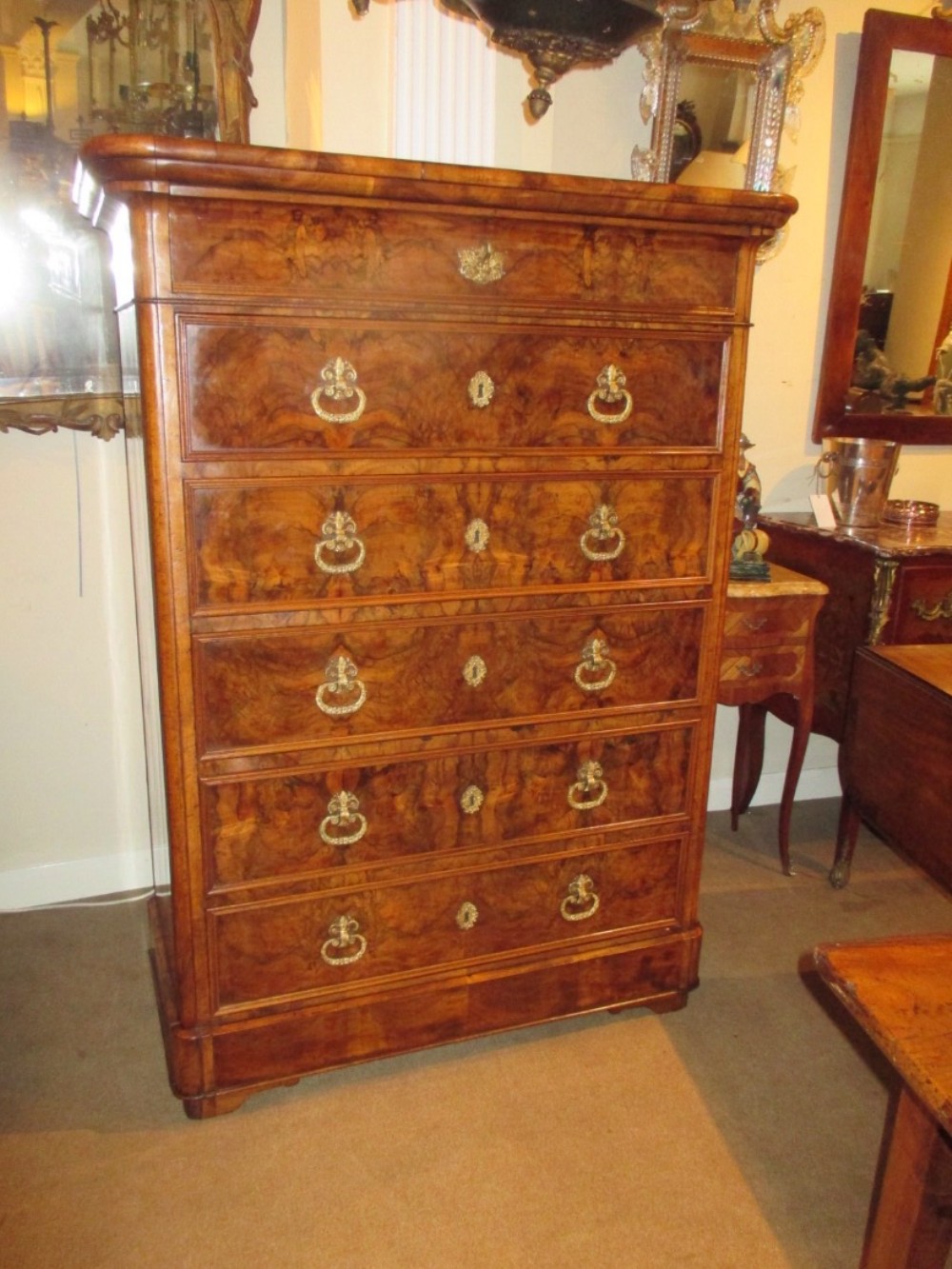 Tall walnut seven drawer chest