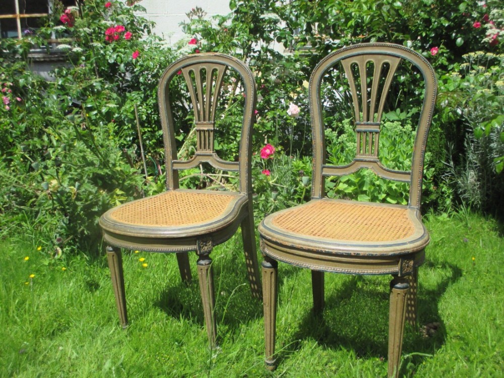 Pair of painted caned side chairs in original paint finish 