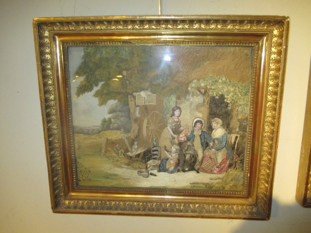 Pair of Restauration  silk work and gouache pictures