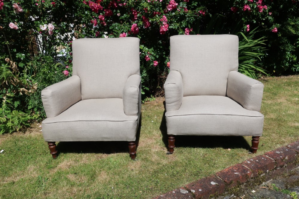 Pair of antique armchairs in grey linen