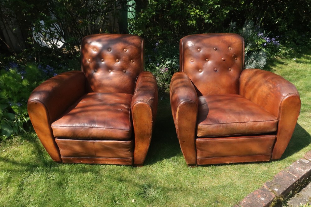 Large pair of French leather club chairs 