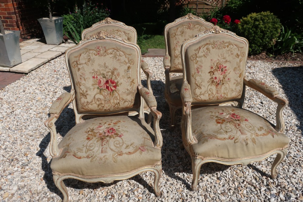 Set of four needlepoint original paint armchairs 