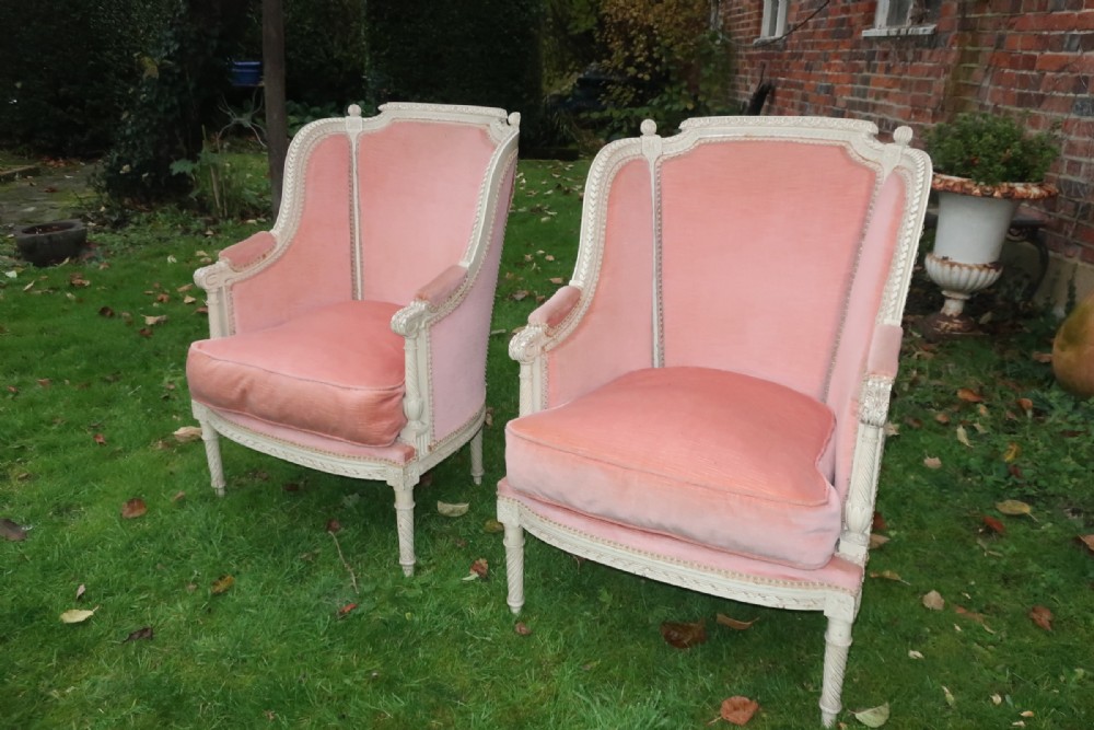 Pair of French painted Bergere armchairs 