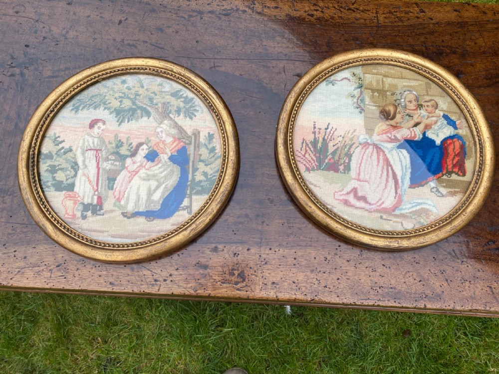 Pair of circular needlepoint pictures in gilt frames  View III
