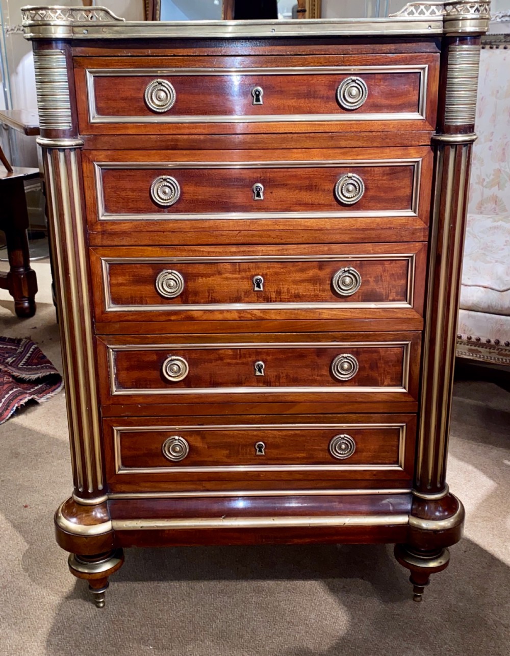 Brass inlaid mahogany commode  View II