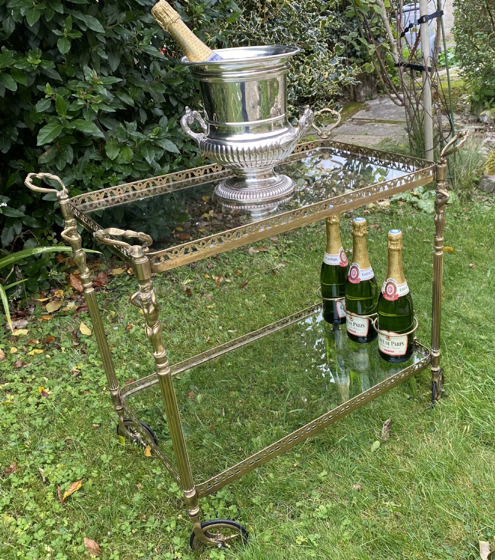 Brass and glass bar cart or drinks trolley  View V