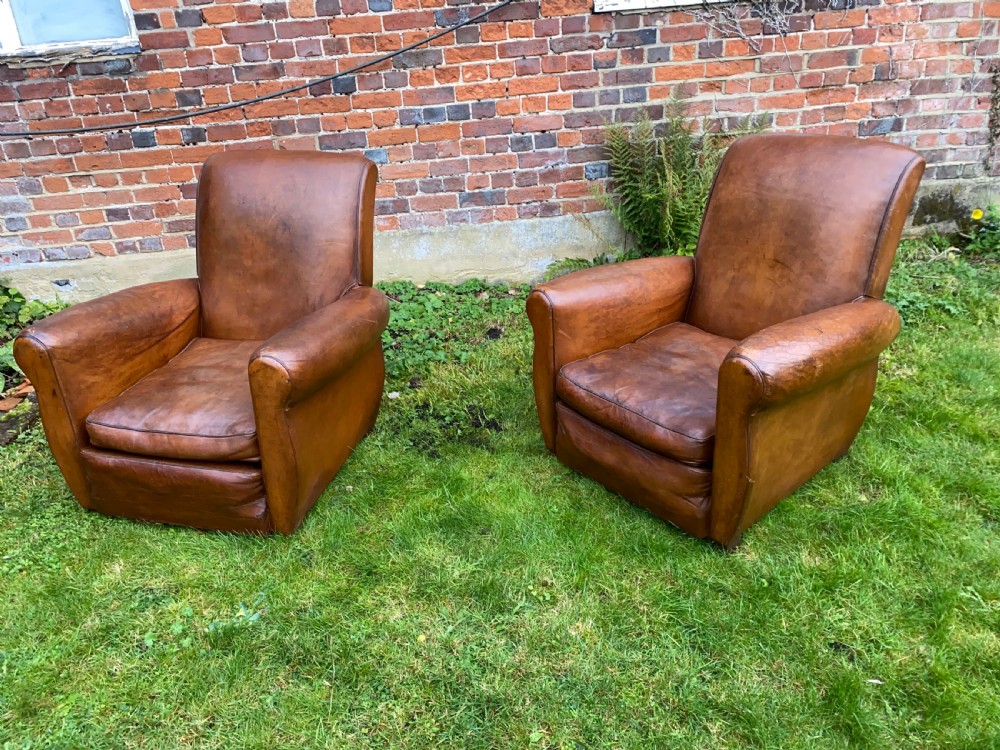 Pair of French leather club chairs  View XI
