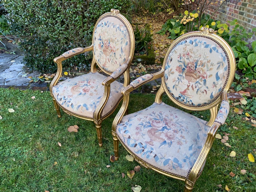 Pair of gilt armchairs with Aubusson tapestry  View V