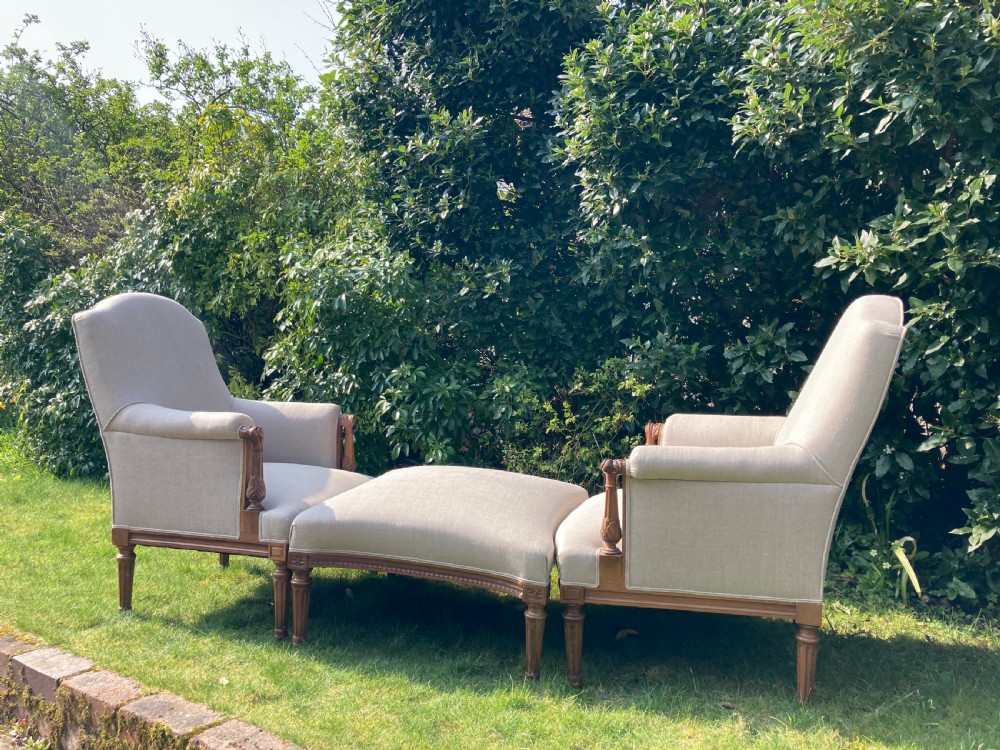French Walnut Pair Of Armchairs & Stool Or Duchess Brisee.
