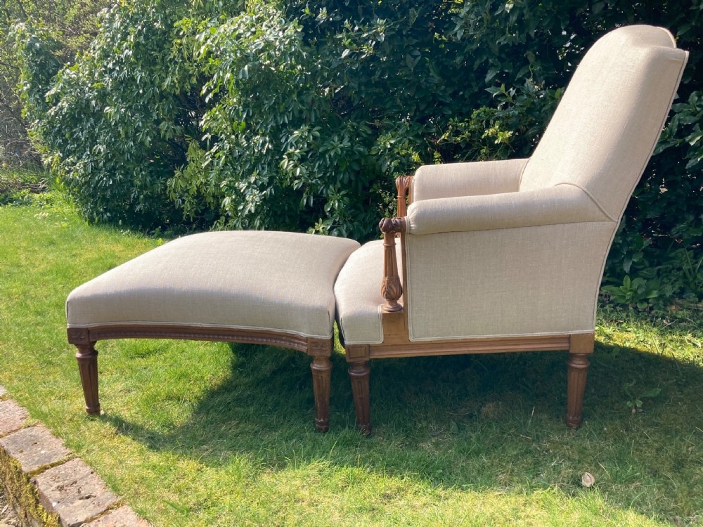 French Walnut Pair Of Armchairs & Stool Or Duchess Brisee. View II
