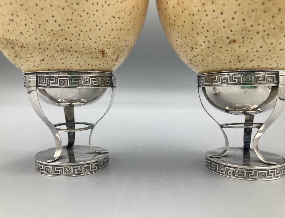 A Pair of Ostrich Eggs on Italian Silver Stands  View II