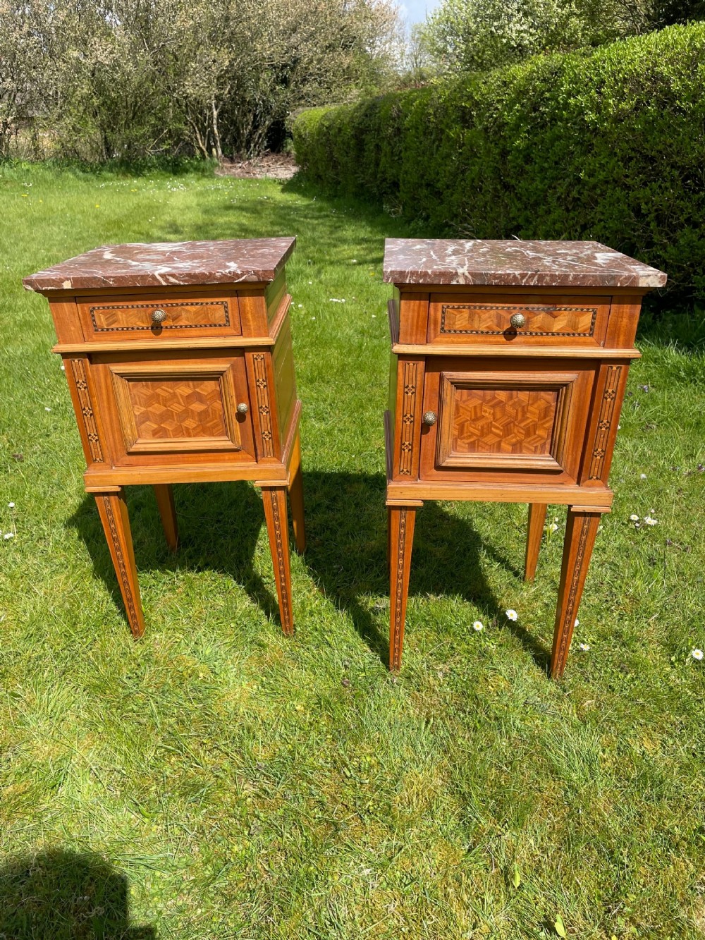 Pair Of French Satinwood Parquetry Bedside Tables 