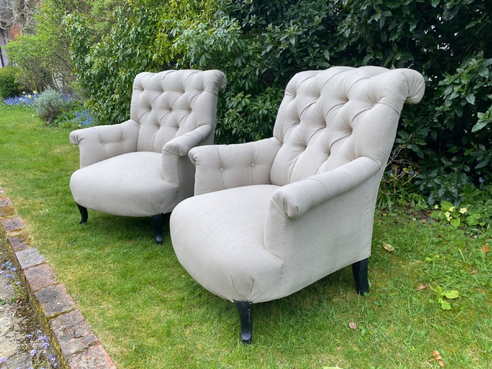 Pair of button back scrolled armchairs  View III