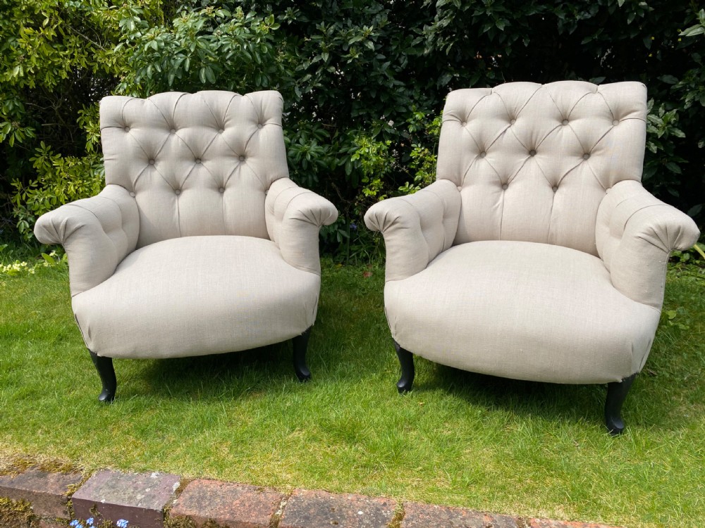 Pair of button back scrolled armchairs  View V