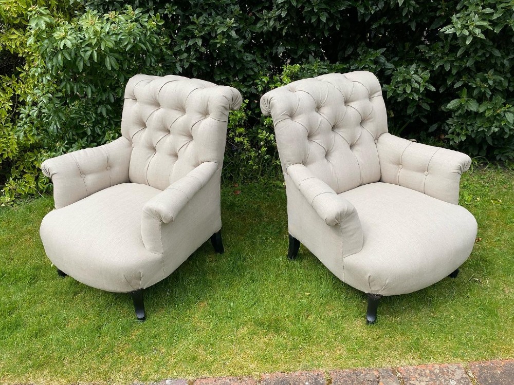 Pair of button back scrolled armchairs 