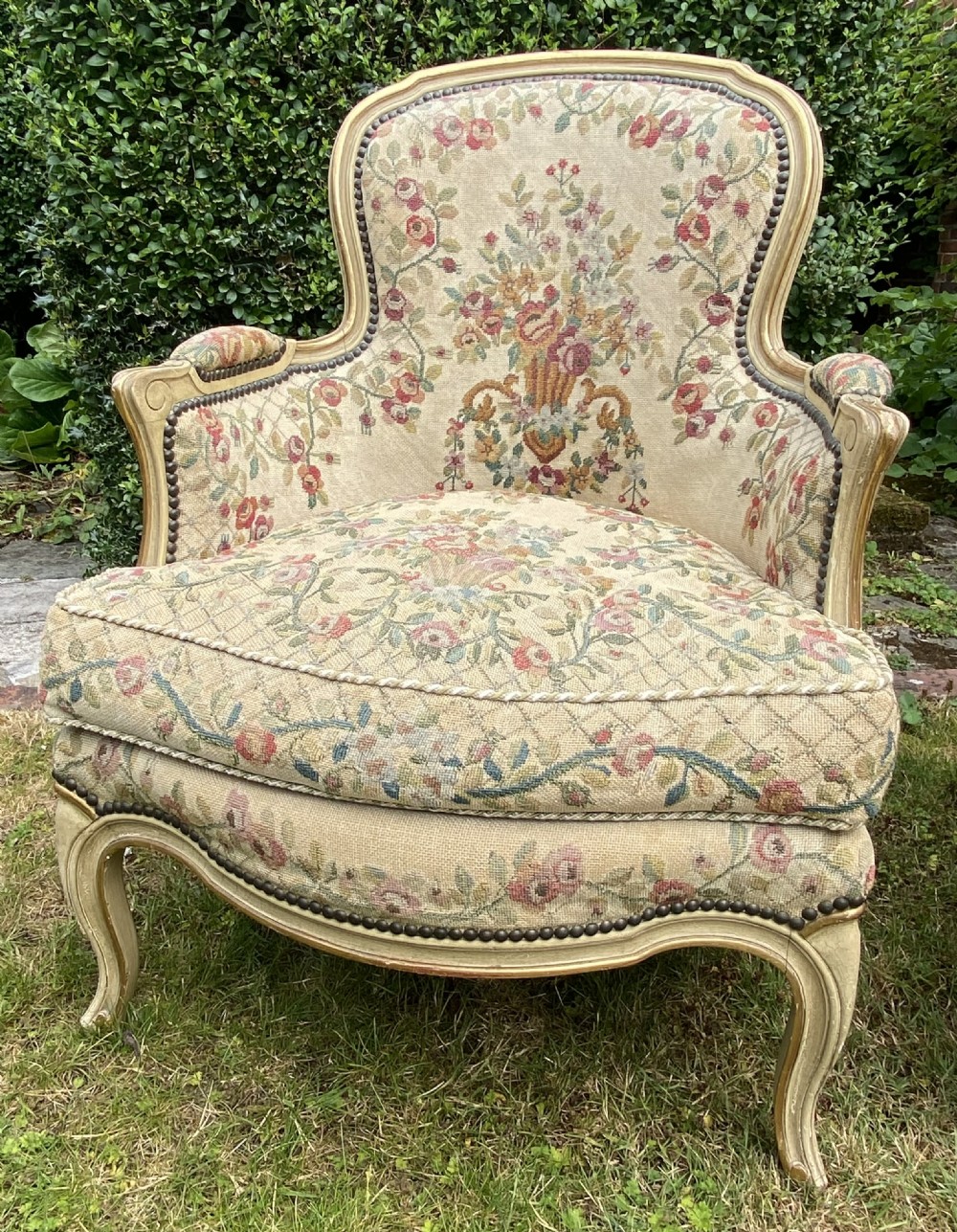 Pair of French painted needlepoint Bergere armchairs  View V