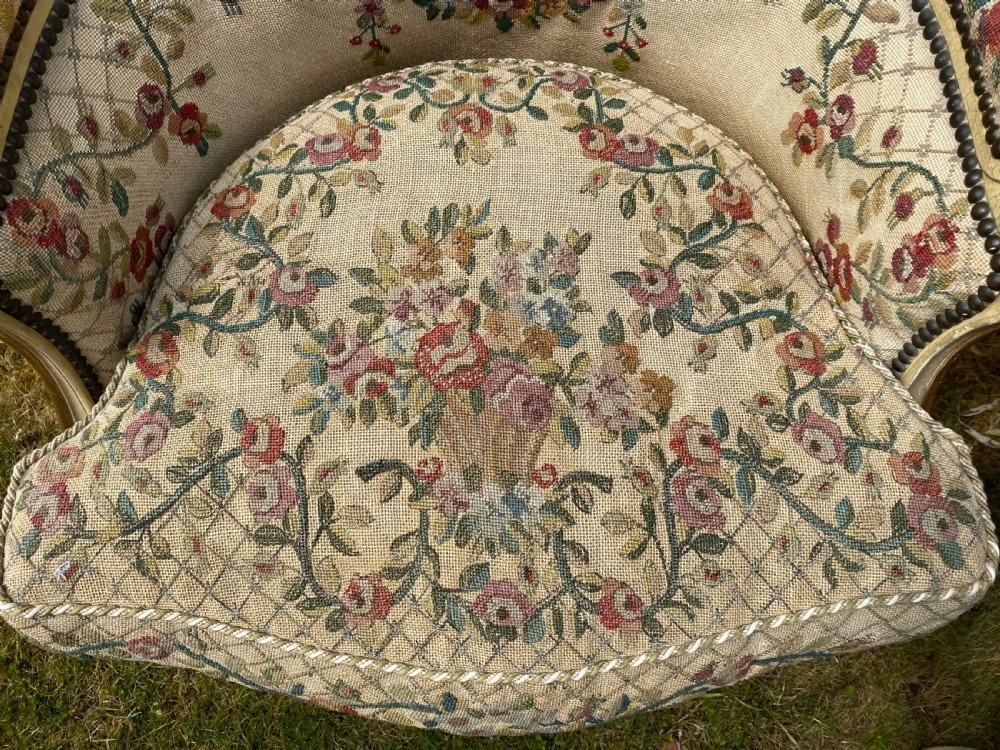 Pair of French painted needlepoint Bergere armchairs  View VI