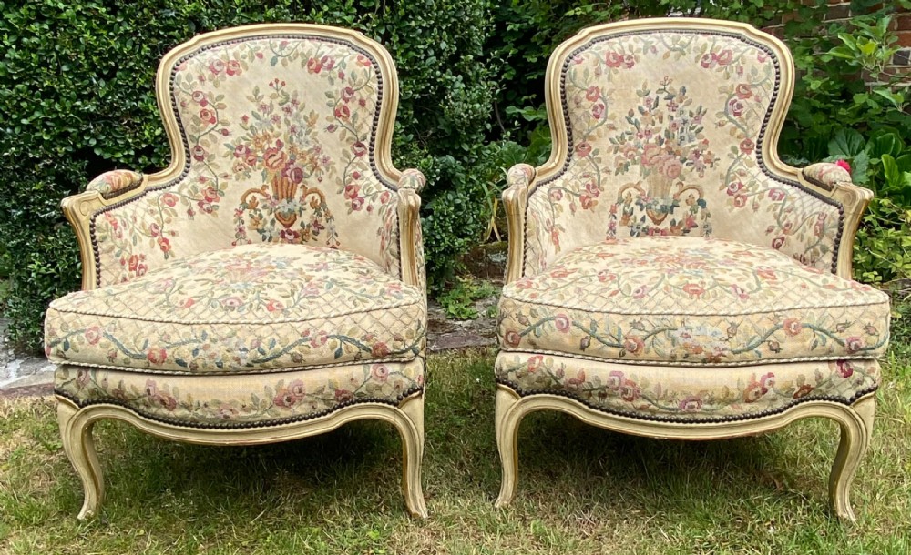 Pair of French painted needlepoint Bergere armchairs  View VII