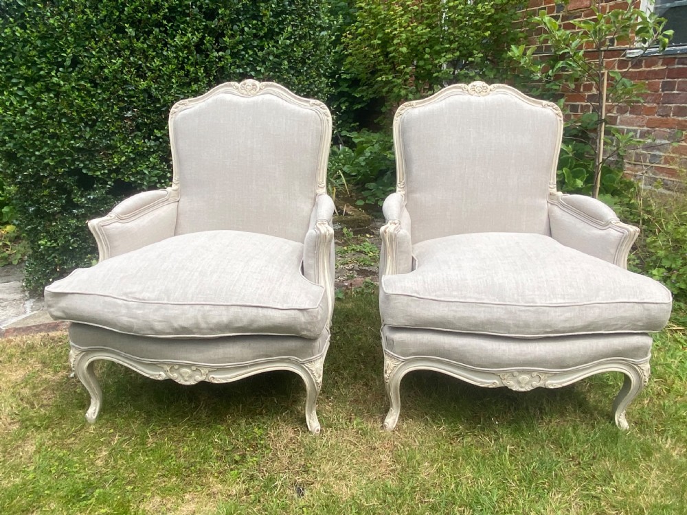 Pair of large painted Bergere armchairs in grey linen  View II